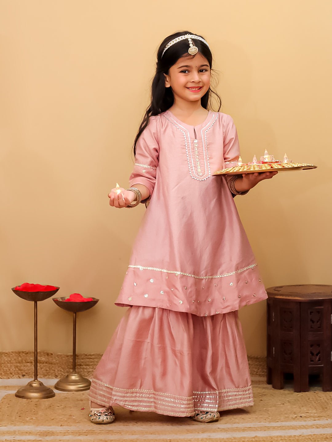 Ethnic Set - Rosé Radiance Boys Silk Kurta Pajama Set with Girls Anarkali Sharara Set - KES2 - RRBRRG