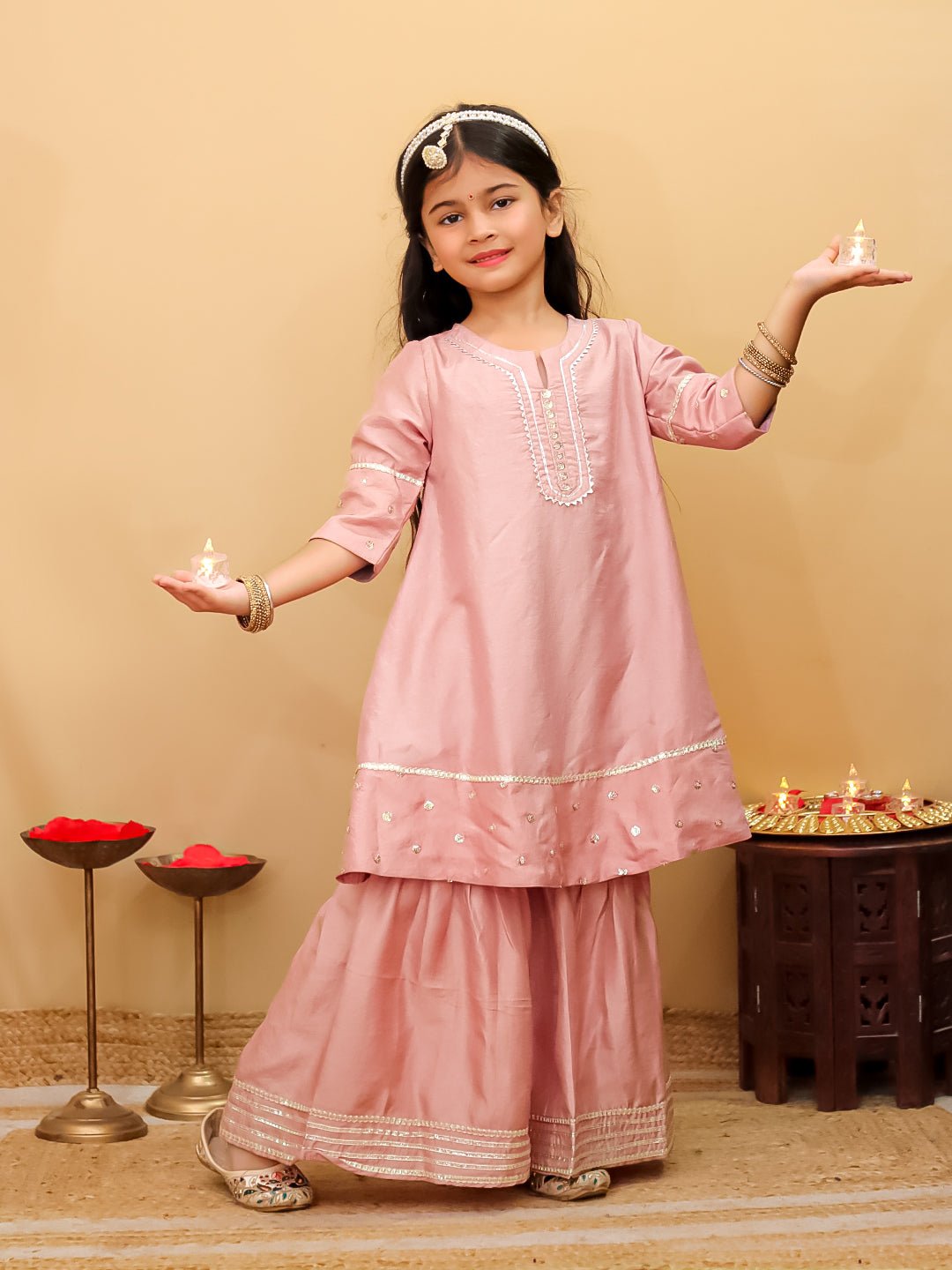 Ethnic Set - Rosé Radiance Boys Silk Kurta Pajama Set with Girls Anarkali Sharara Set - KES2 - RRBRRG