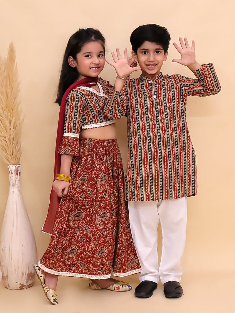 Ethnic Set-Rust Kalamkari Girls Lehenga Set with Boys Kurta Set