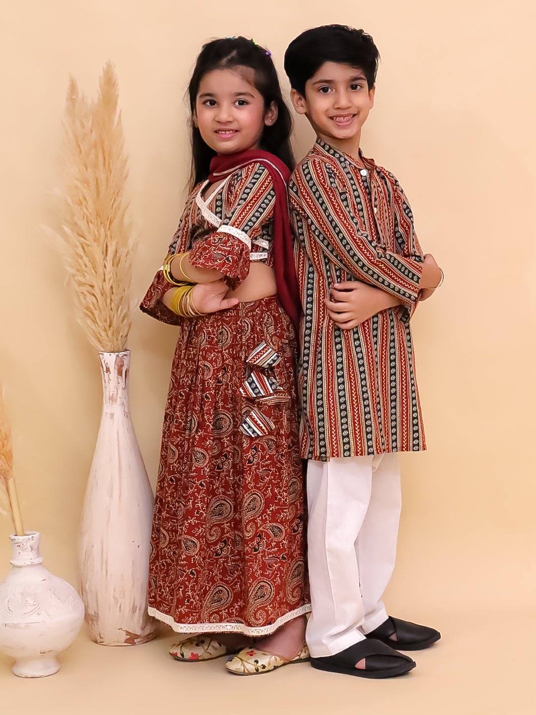 Ethnic Set-Rust Kalamkari Girls Lehenga Set and Boys Kurta Set