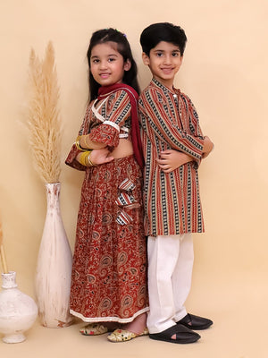 Ethnic Set - Rust Kalamkari Girls Lehenga Set and Boys Kurta Set - KES2 - RSKGLBK