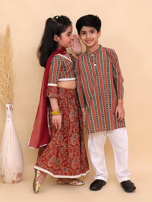 Ethnic Set - Rust Kalamkari Girls Lehenga Set and Boys Kurta Set - KES2 - RSKGLBK