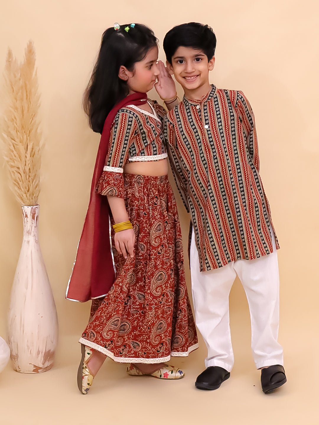 Ethnic Set - Rust Kalamkari Girls Lehenga Set and Boys Kurta Set - KES2 - RSKGLBK