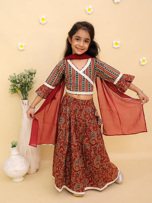 Ethnic Set-Rust Kalamkari Girls Lehenga Set with Boys Kurta Set - Twinning Combo