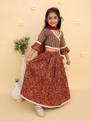 Ethnic Set-Rust Kalamkari Girls Lehenga Set with Boys Kurta Set - Twinning Combo