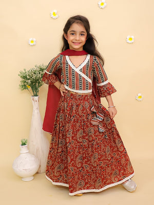 Ethnic Set-Rust Kalamkari Girls Lehenga Set with Boys Kurta Set - Twinning Combo