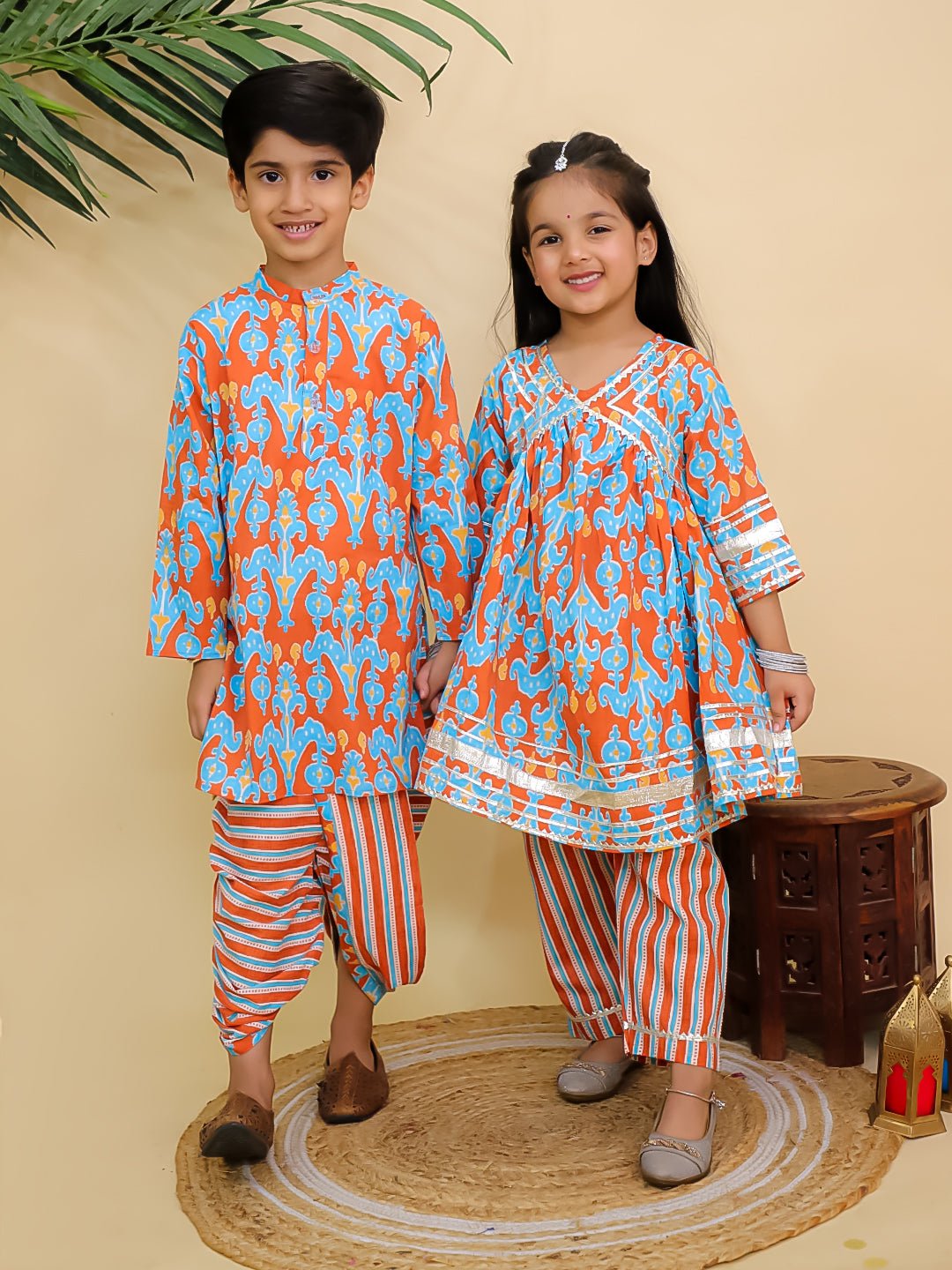 Ethnic Set - Rustic Roots Boys Dhoti Kurta and Girls Anarkali Kurta Set - Twinning Combo