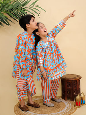 Ethnic Set - Rustic Roots Boys Dhoti Kurta and Girls Anarkali Kurta Set - Twinning Combo