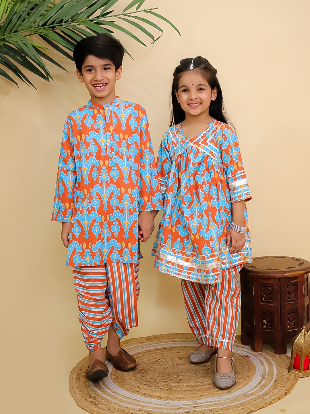 Ethnic Set - Rustic Roots Boys Dhoti Kurta and Girls Anarkali Kurta Set - Twinning Combo