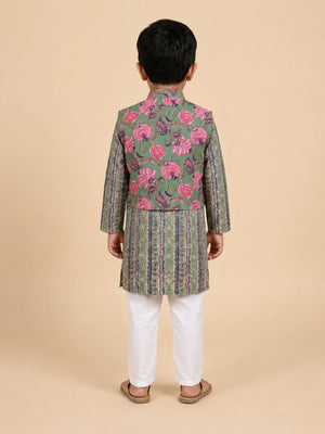 Ethnic Set- Sage Petals Floral Print Boys Jacket And Kurta Pajama Set & Girls Anarkali Kurta Set - product