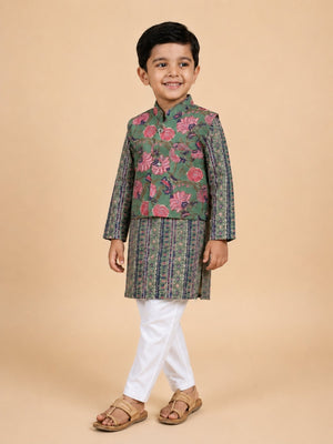 Ethnic Set- Sage Petals Floral Print Boys Jacket And Kurta Pajama Set & Girls Anarkali Kurta Set - product