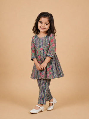 Ethnic Set- Sage Petals Floral Print Boys Jacket And Kurta Pajama Set & Girls Anarkali Kurta Set - product