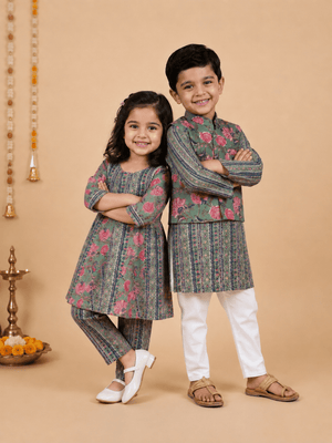 Ethnic Set- Sage Petals Floral Print Boys Jacket And Kurta Pajama Set & Girls Anarkali Kurta Set - product