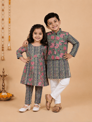 Ethnic Set- Sage Petals Floral Print Boys Jacket And Kurta Pajama Set & Girls Anarkali Kurta Set - product