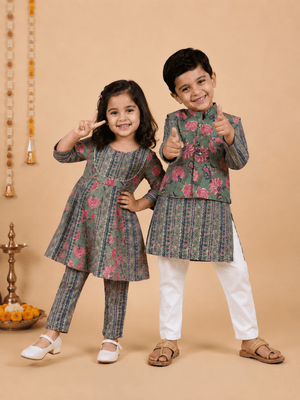 Ethnic Set- Sage Petals Floral Print Boys Jacket And Kurta Pajama Set & Girls Anarkali Kurta Set - product