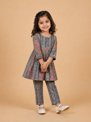 Ethnic Set- Sage Petals Floral Print Boys Jacket And Kurta Pajama Set & Girls Anarkali Kurta Set - product