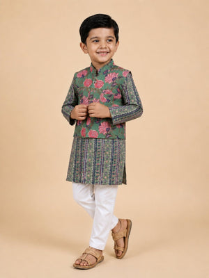 Ethnic Set- Sage Petals Floral Print Boys Jacket And Kurta Pajama Set & Girls Anarkali Kurta Set - product