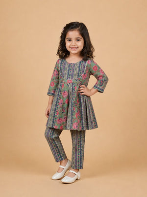 Ethnic Set- Sage Petals Floral Print Boys Jacket And Kurta Pajama Set & Girls Anarkali Kurta Set - product