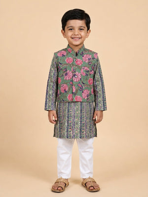 Ethnic Set- Sage Petals Floral Print Boys Jacket And Kurta Pajama Set & Girls Anarkali Kurta Set - product