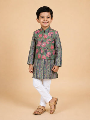 Ethnic Set- Sage Petals Floral Print Boys Jacket And Kurta Pajama Set & Girls Anarkali Kurta Set - product