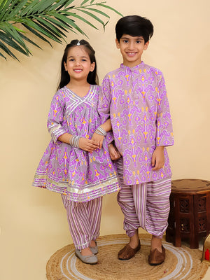 Ethnic Set - Sage Violet Boys Dhoti Kurta and Girls Anarkali Kurta Set - Twinning Combo