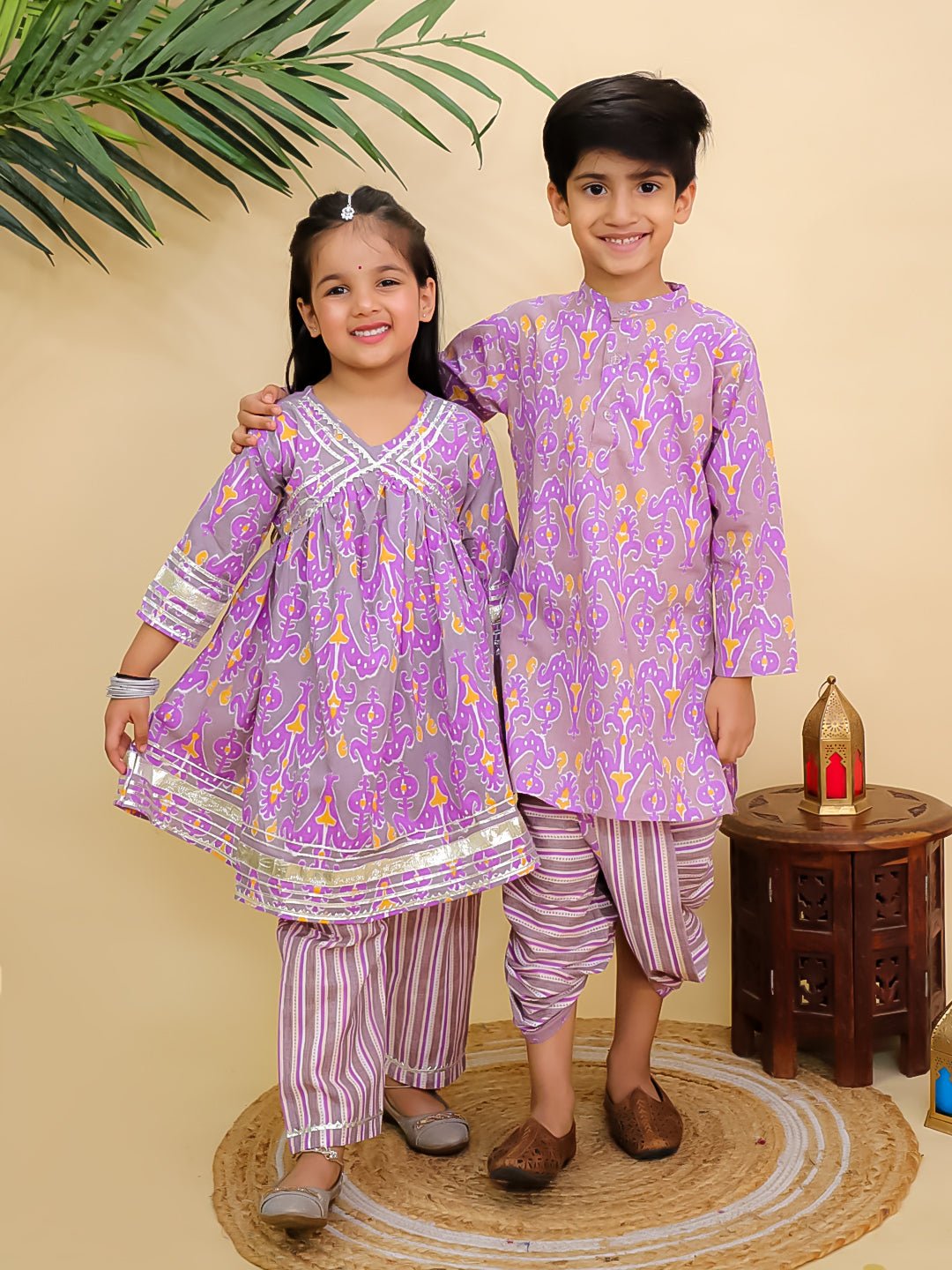 Ethnic Set - Sage Violet Boys Dhoti Kurta and Girls Anarkali Kurta Set - Twinning Combo