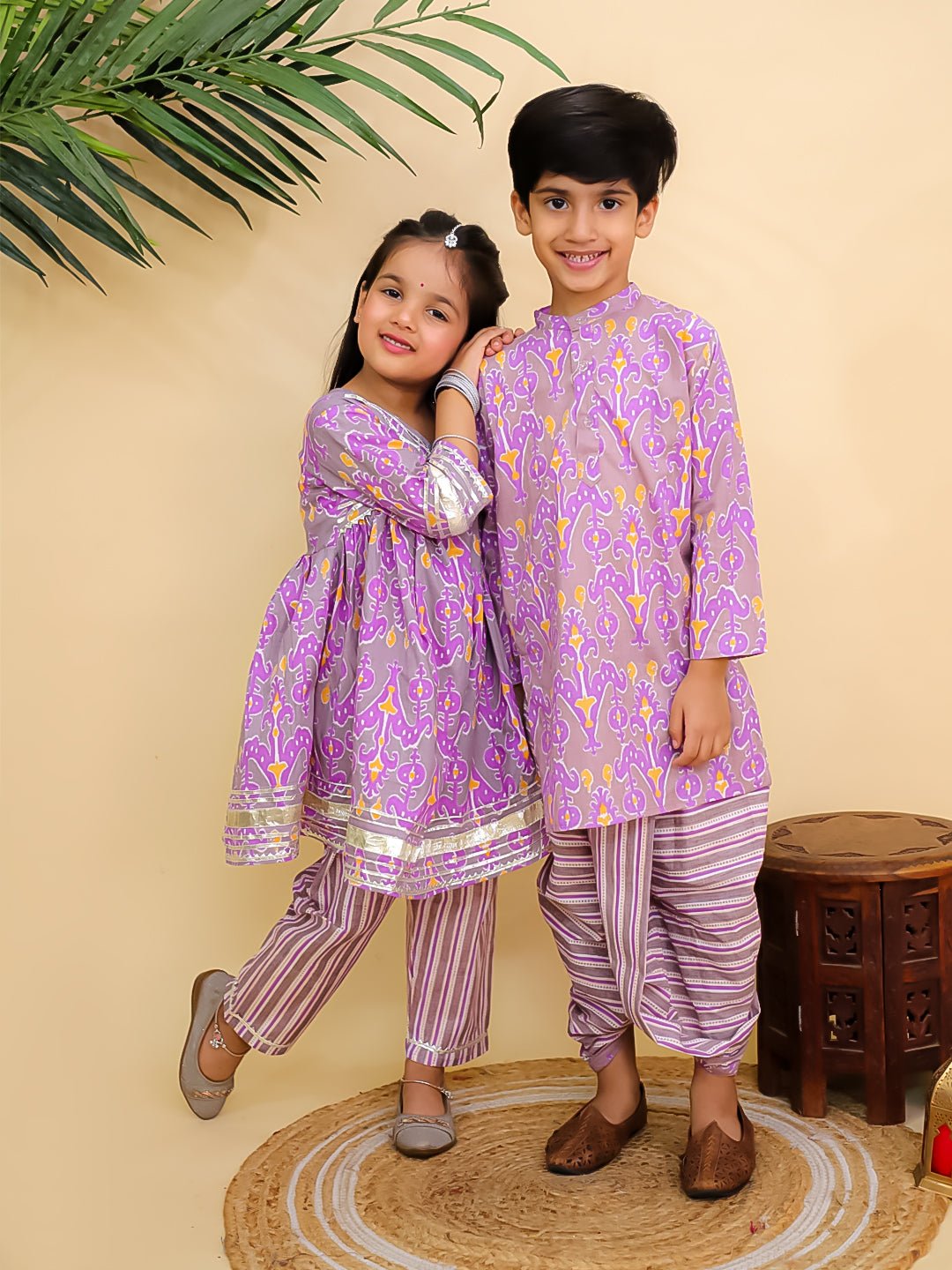 Ethnic Set - Sage Violet Boys Dhoti Kurta and Girls Anarkali Kurta Set - Twinning Combo