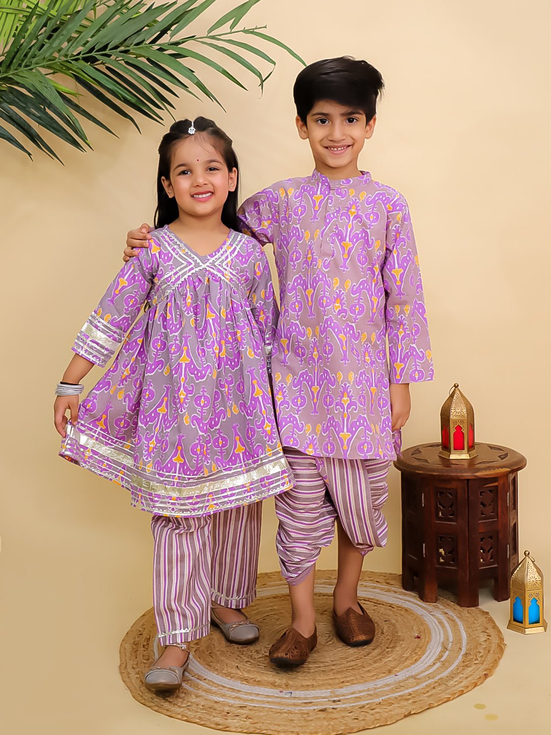 Ethnic Set - Sage Violet Boys Dhoti Kurta and Girls Anarkali Kurta Set - Twinning Combo