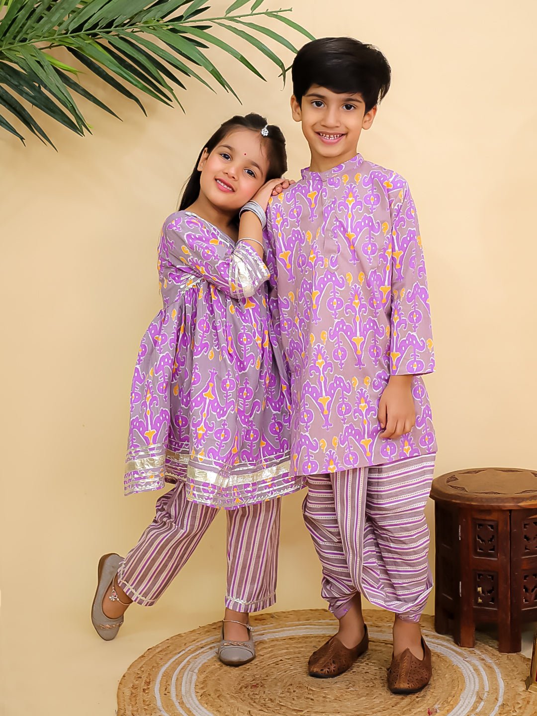 Ethnic Set - Sage Violet Boys Dhoti Kurta and Girls Anarkali Kurta Set - Twinning Combo