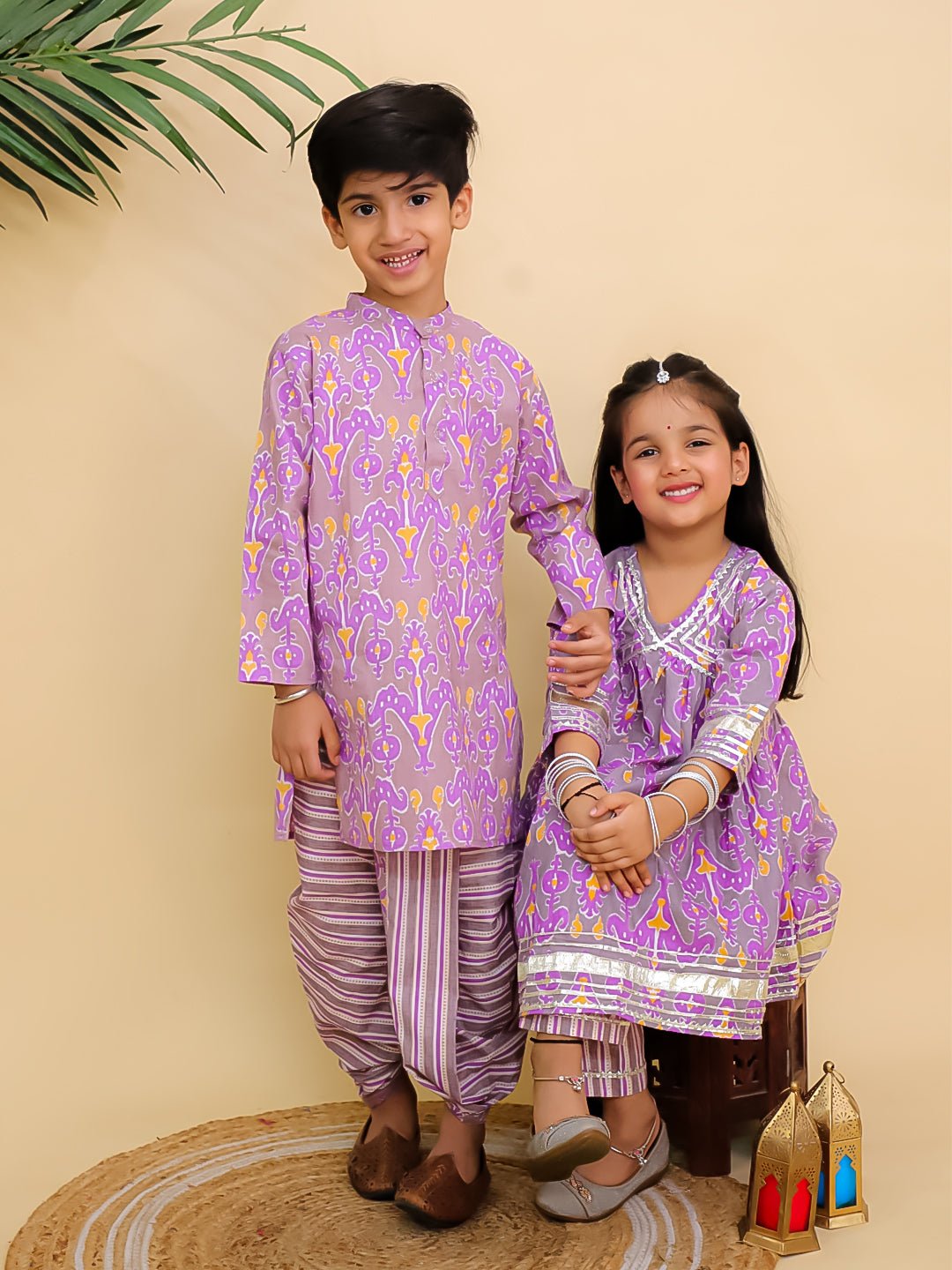 Ethnic Set - Sage Violet Boys Dhoti Kurta and Girls Anarkali Kurta Set - Twinning Combo