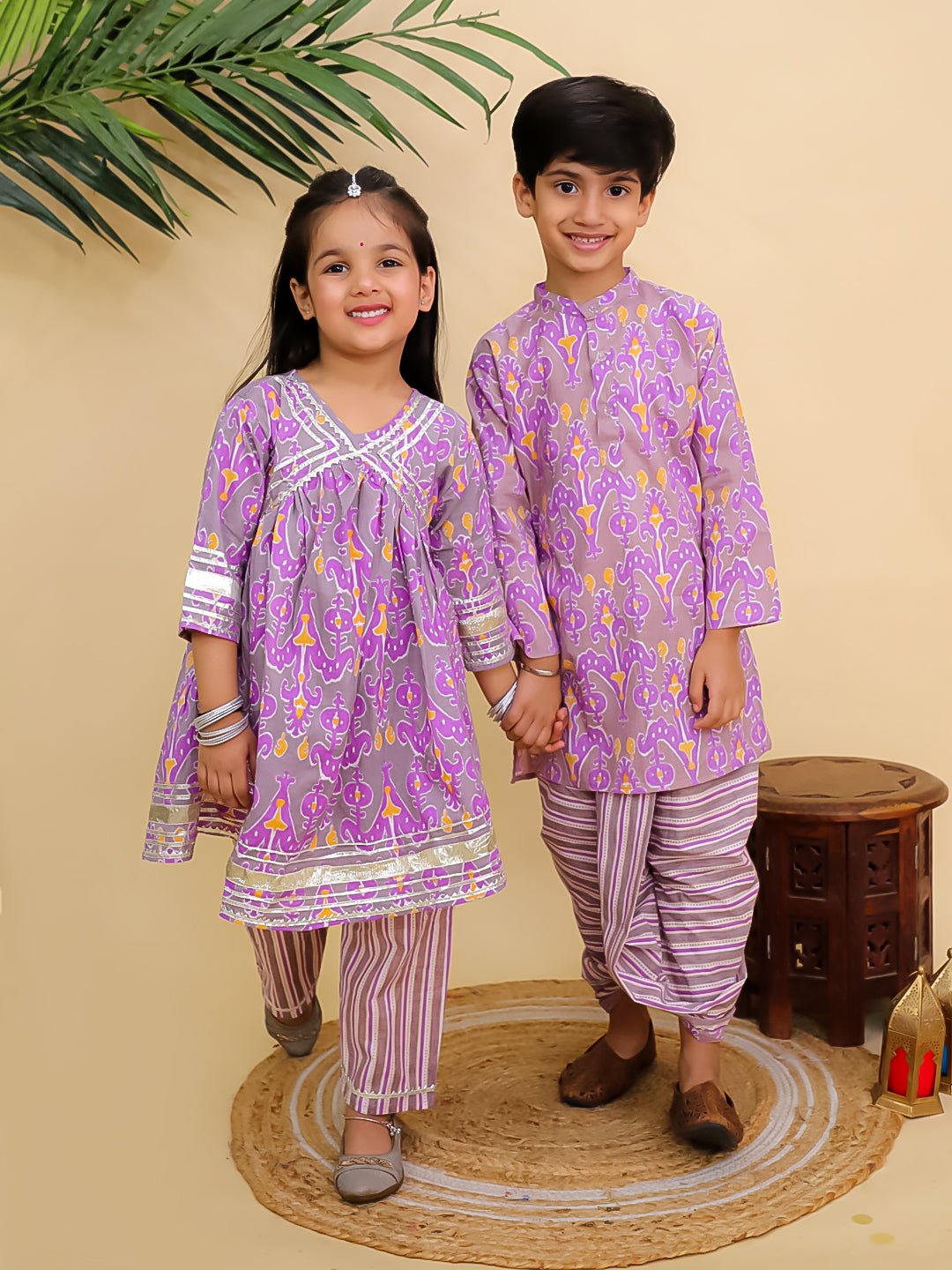 Ethnic Set - Sage Violet Boys Dhoti Kurta and Girls Anarkali Kurta Set - Twinning Combo