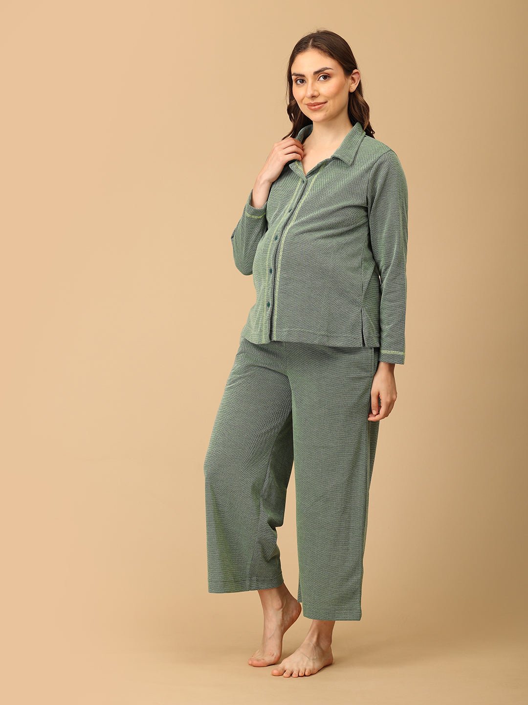 The Mom Store Evergreen Ease maternity pajama set featuring soft knit fabric and nursing-friendly button design.