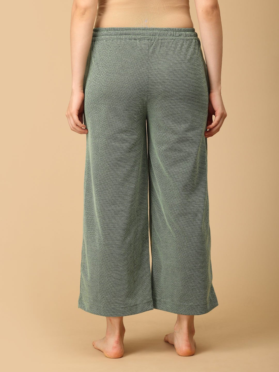 Back view of Evergreen Ease green maternity pajama pants by The Mom Store, wide-leg fit with soft stretch comfort for pregnancy