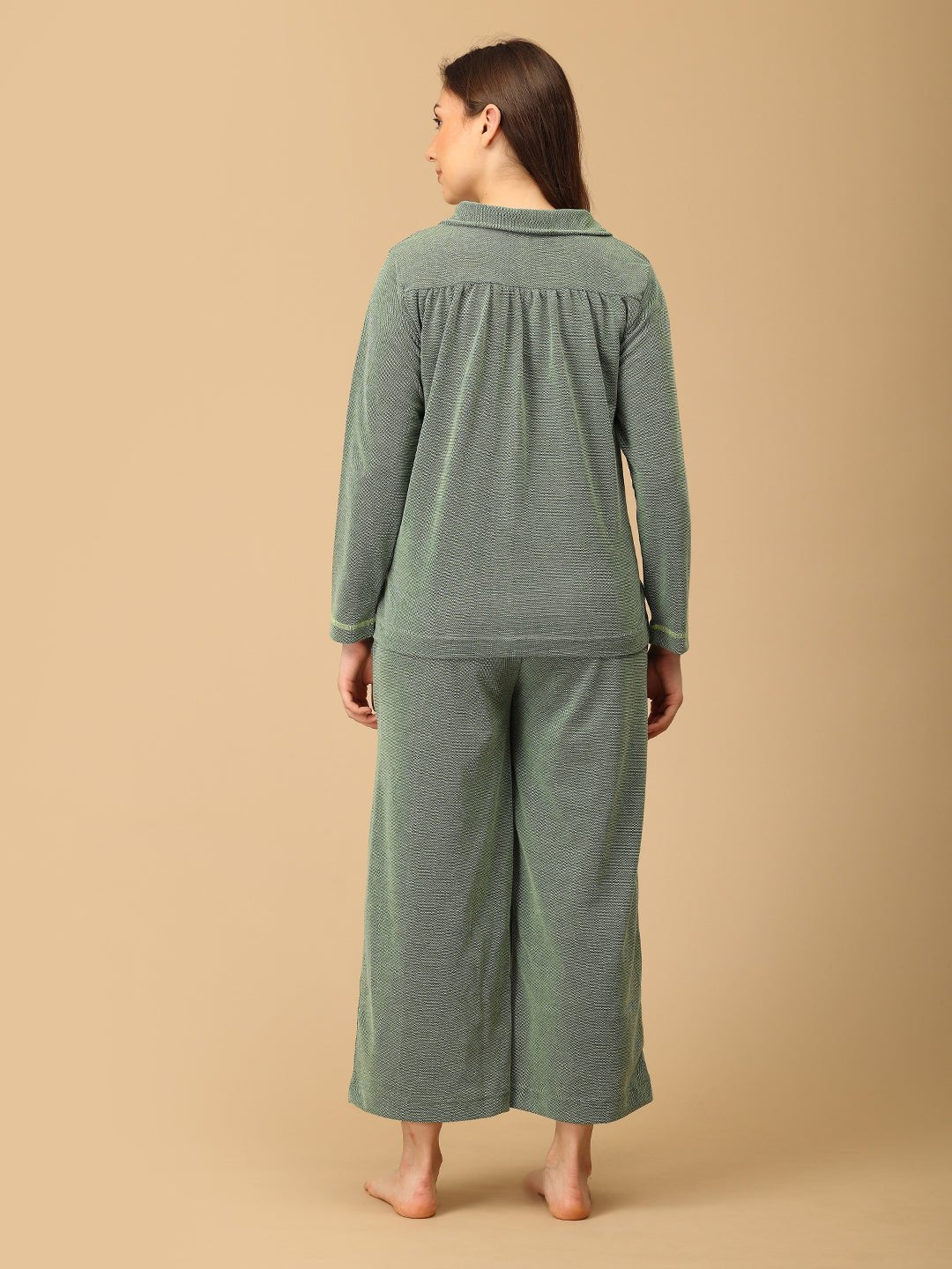 The Mom Store Evergreen Ease maternity pajama set front view, breathable knit fabric and comfortable fit.