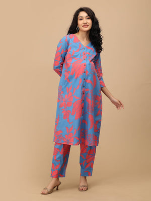 Front view of blue floral maternity and nursing co-ord set with relaxed silhouette.