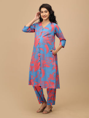Angled front view of blue maternity and nursing kurta set with button-down design.