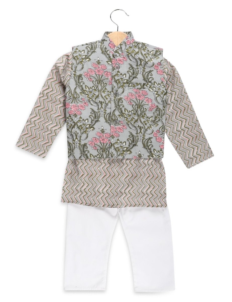 Festive Grey Floral Jacket, Kurta, and Pajama Set - KPJ-GYFL-0-6