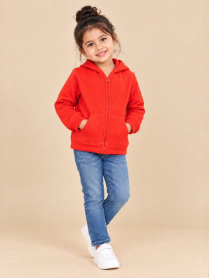 Fiery Orange Quilted Kids Unisex Zipper Jacket - 1-2 Years Kids Winter Zipper Jackets