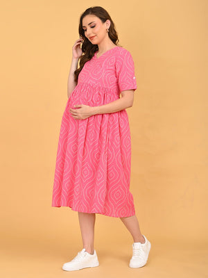 Side view of Flamingo Flirt Maternity and Nursing Dress showing comfortable, flowy silhouette and maternity-friendly design.