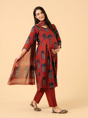 Form Copper Maternity and Nursing Kurta Set With Dupatta - S Maternity Ethnic Set