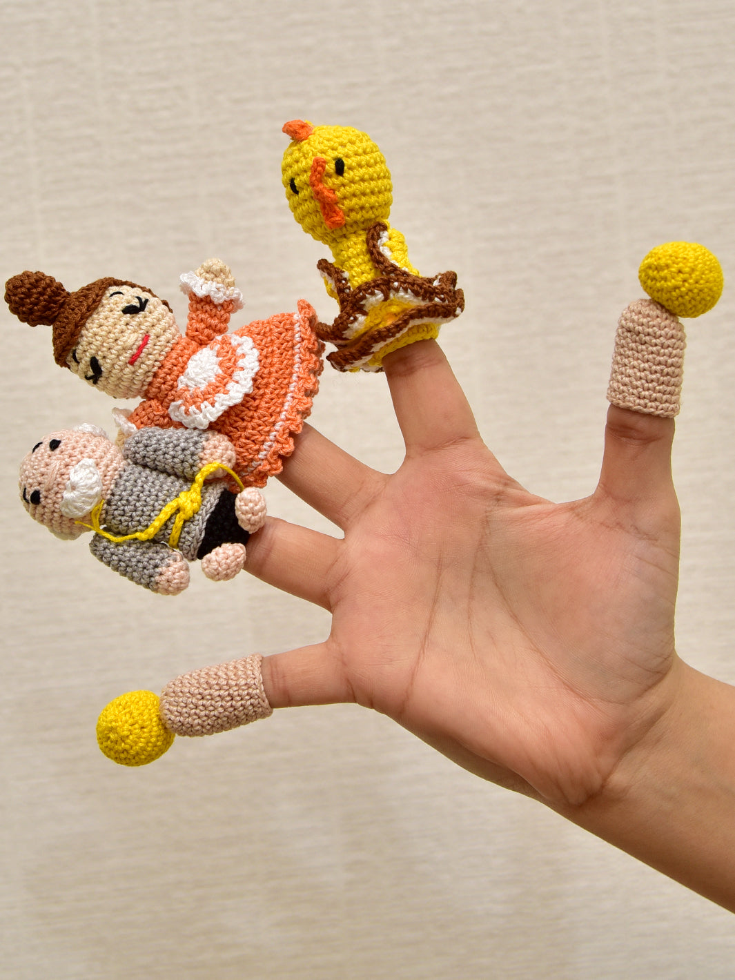 Happy Threads | Grandpa Buddies Finger Puppets – Handcrafted Amigurumi Set | Soft, Safe & Educational Toy for Kids
