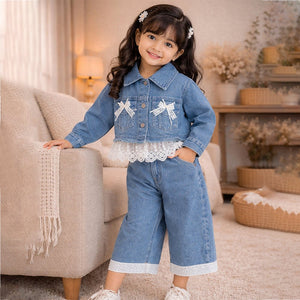 Frills & Bows Denim Jacket with Pants Co - ord set for Girls - 2 - 3 Years Winter Wear