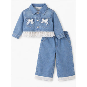 Frills & Bows Denim Jacket with Pants Co - ord set for Girls - 2 - 3 Years Winter Wear