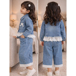 Frills & Bows Denim Jacket with Pants Co - ord set for Girls - 2 - 3 Years Winter Wear