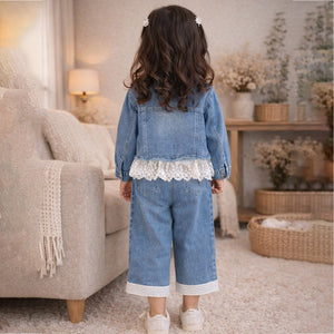 Frills & Bows Denim Jacket with Pants Co - ord set for Girls - 2 - 3 Years Winter Wear