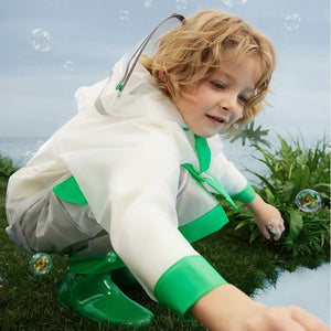 Frog Green Bordered Translucent long style Raincoat for kids - 3 - 4 Years Monsoon Wear