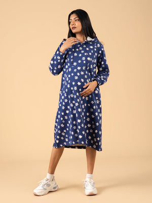 Frosted Bluebell Maternity and Nursing Hoodie Dress - Blue Maternity Winter Dress