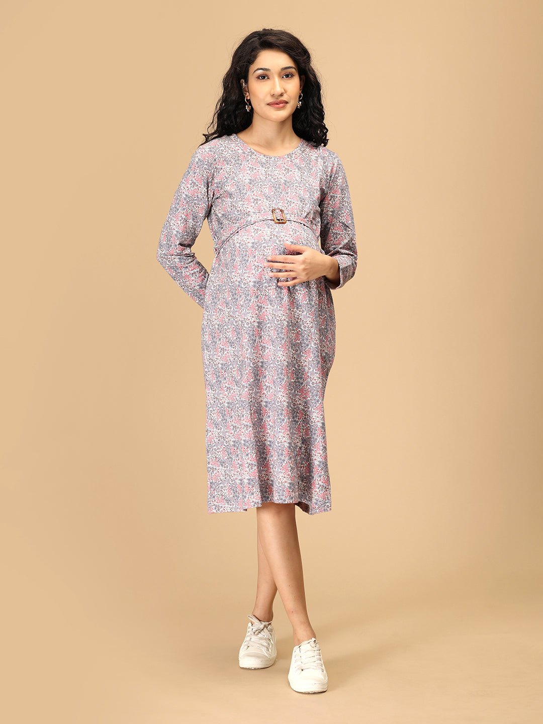 Front view of Frosted Flowers Maternity Sweater Dress featuring bump-friendly fit and belt detail