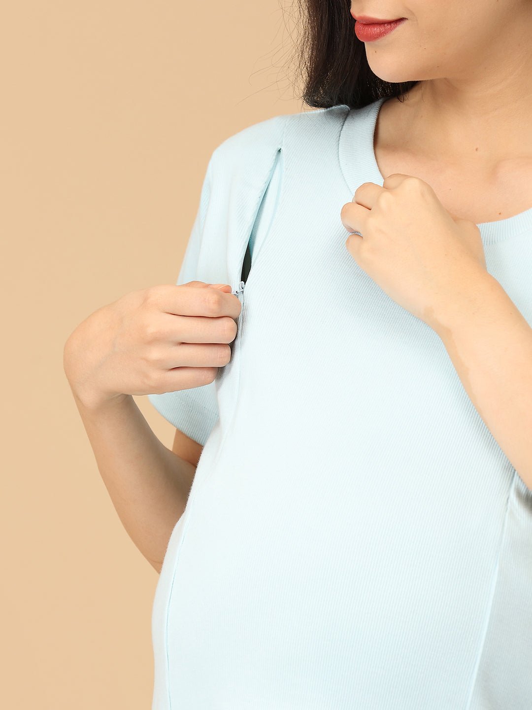 The Mom Store Frosted Fluff maternity top showing concealed zipper for easy nursing access, practical design.