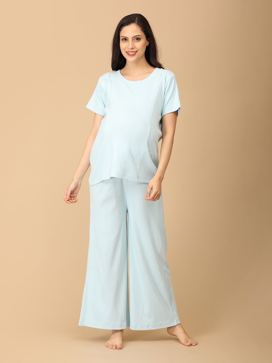 The Mom Store maternity sleepwear set with nursing access, soft blue cotton comfort for pregnancy and postpartum.
